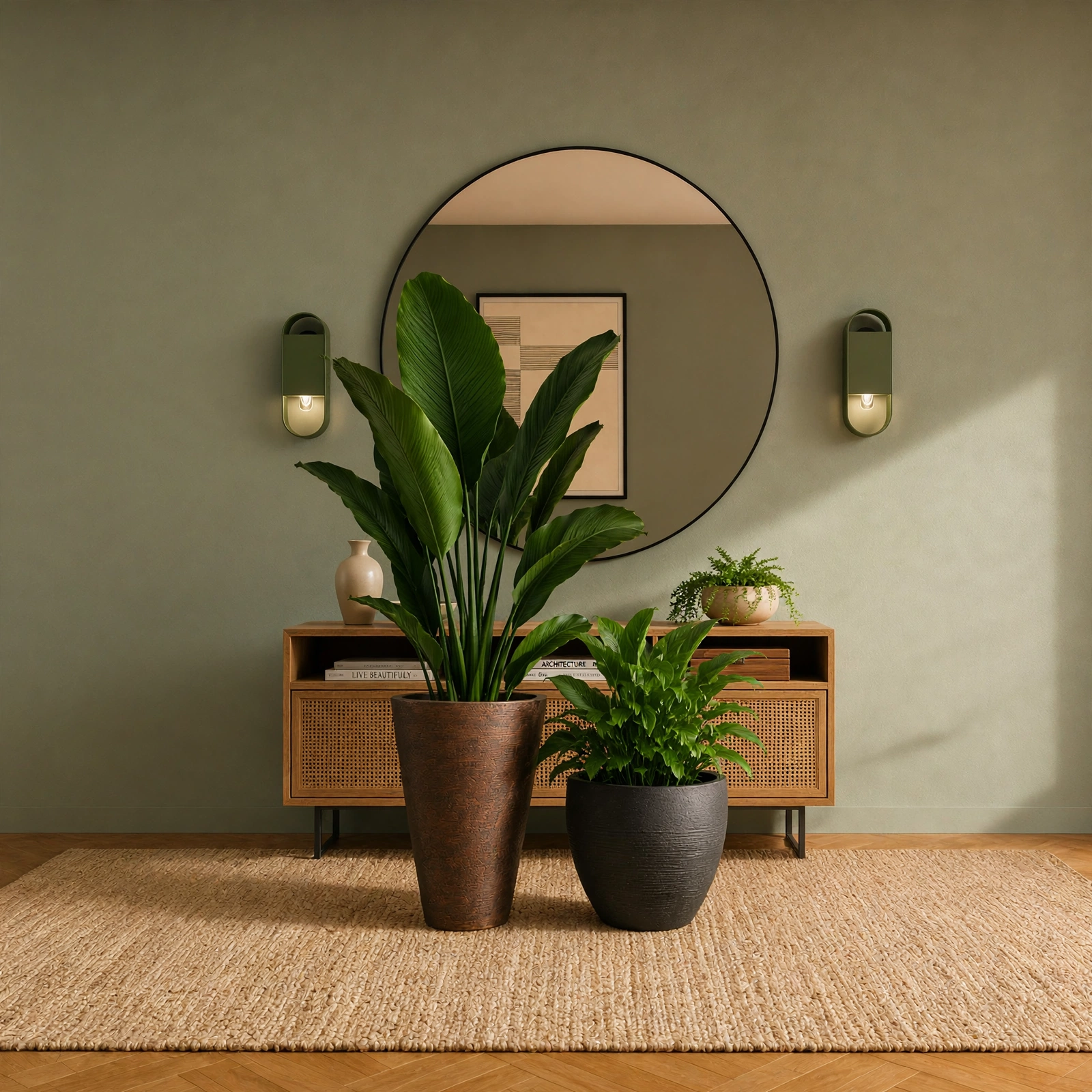 Living moderno con maceteros de diseño